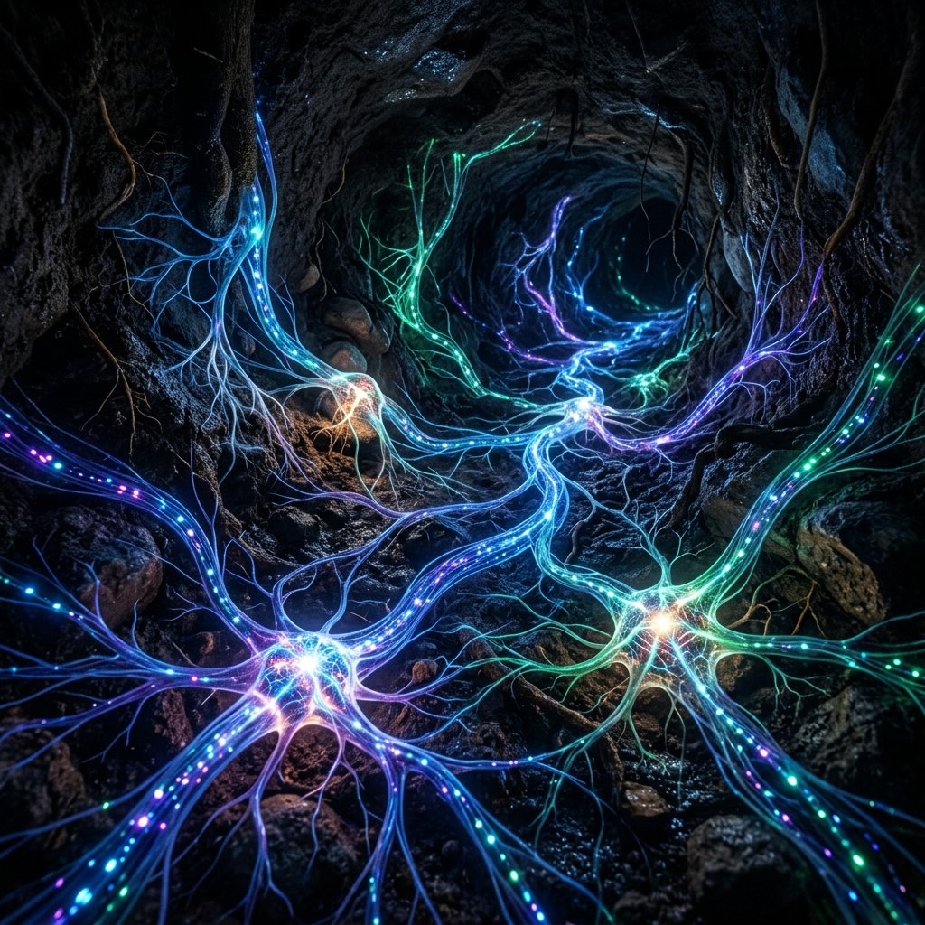 Bioluminescent mycelial network growing underground pulsating like fiber optic data cables
