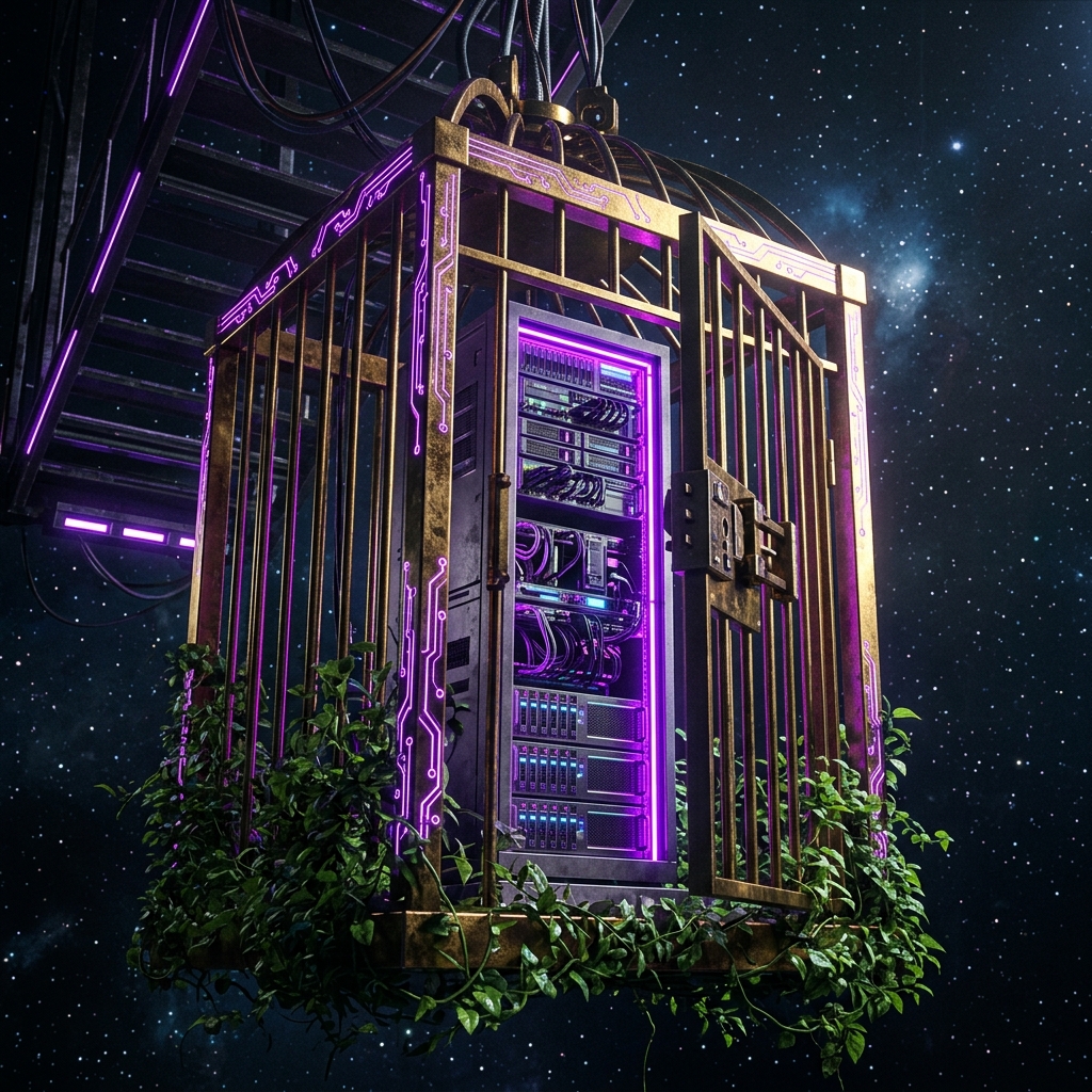 A server rack being unlocked from a giant golden cage representing cloud exit