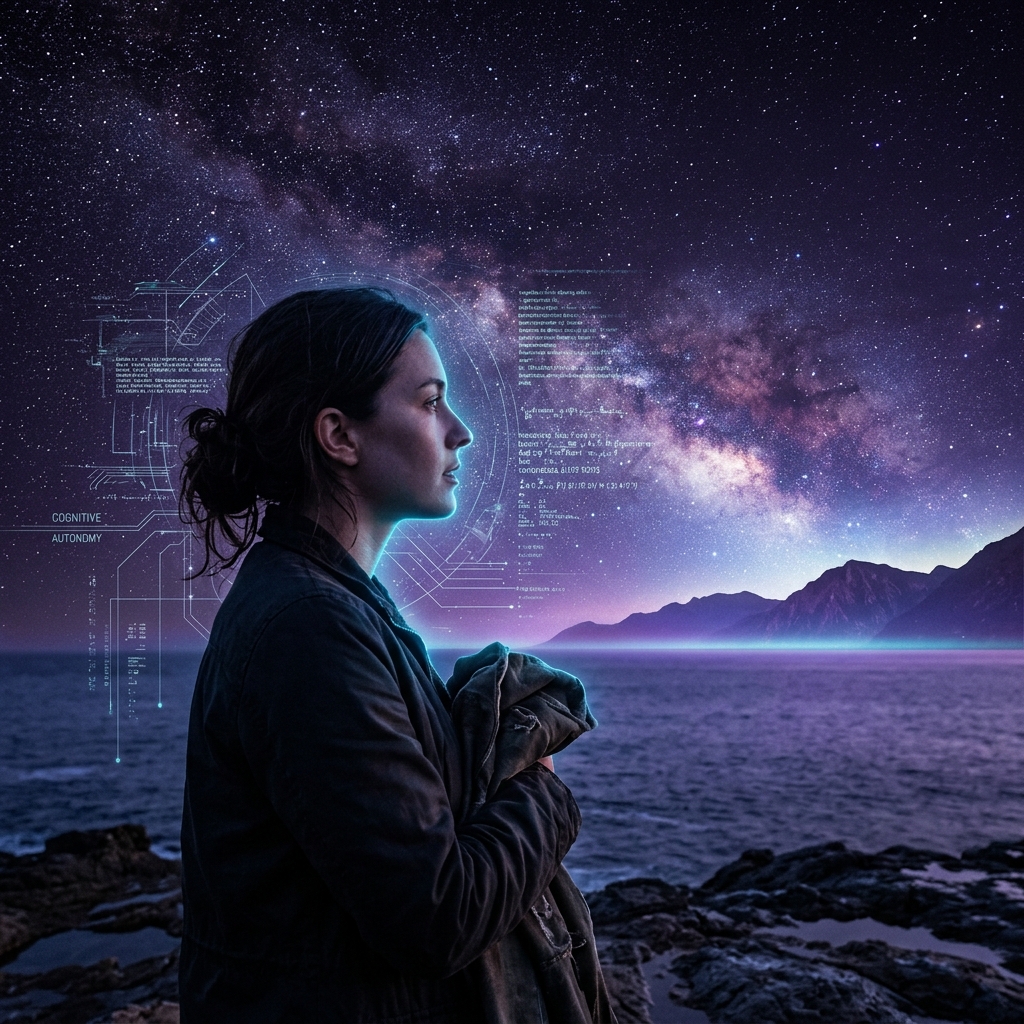 Profile of a person looking at a starry horizon with geometric holographic overlays representing cognitive liberty