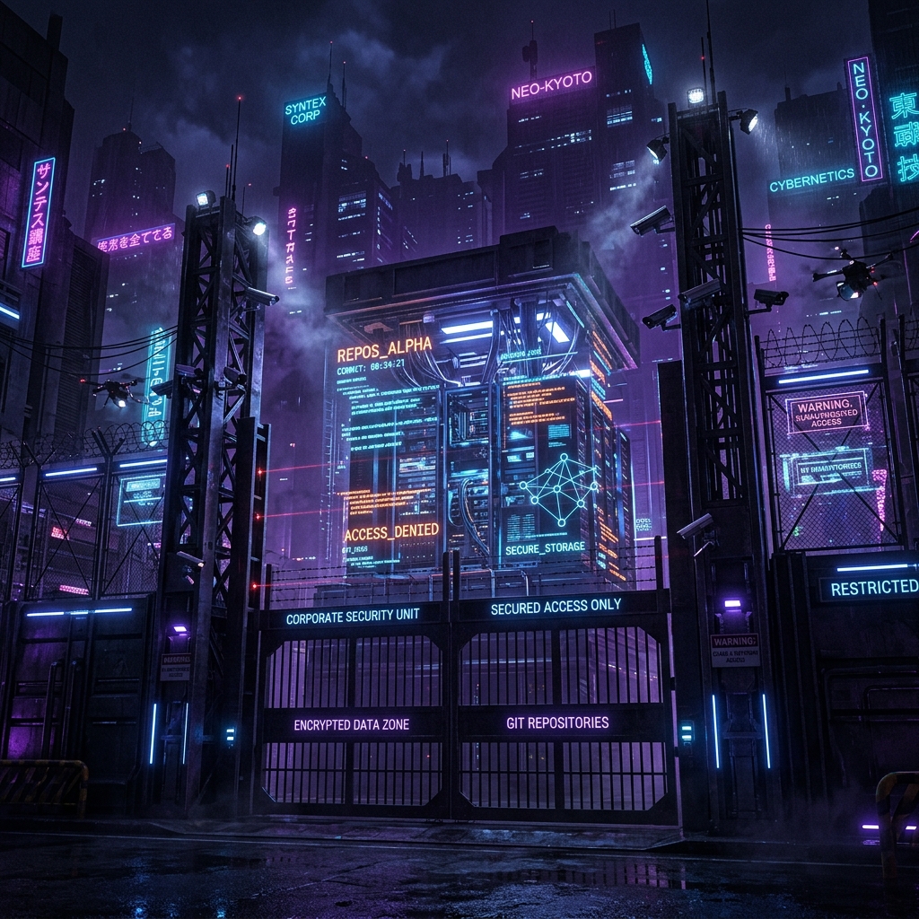 A conceptual drawing of code repositories being enclosed behind corporate security gates