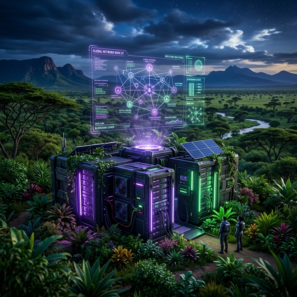 High-tech server node in a lush green African landscape