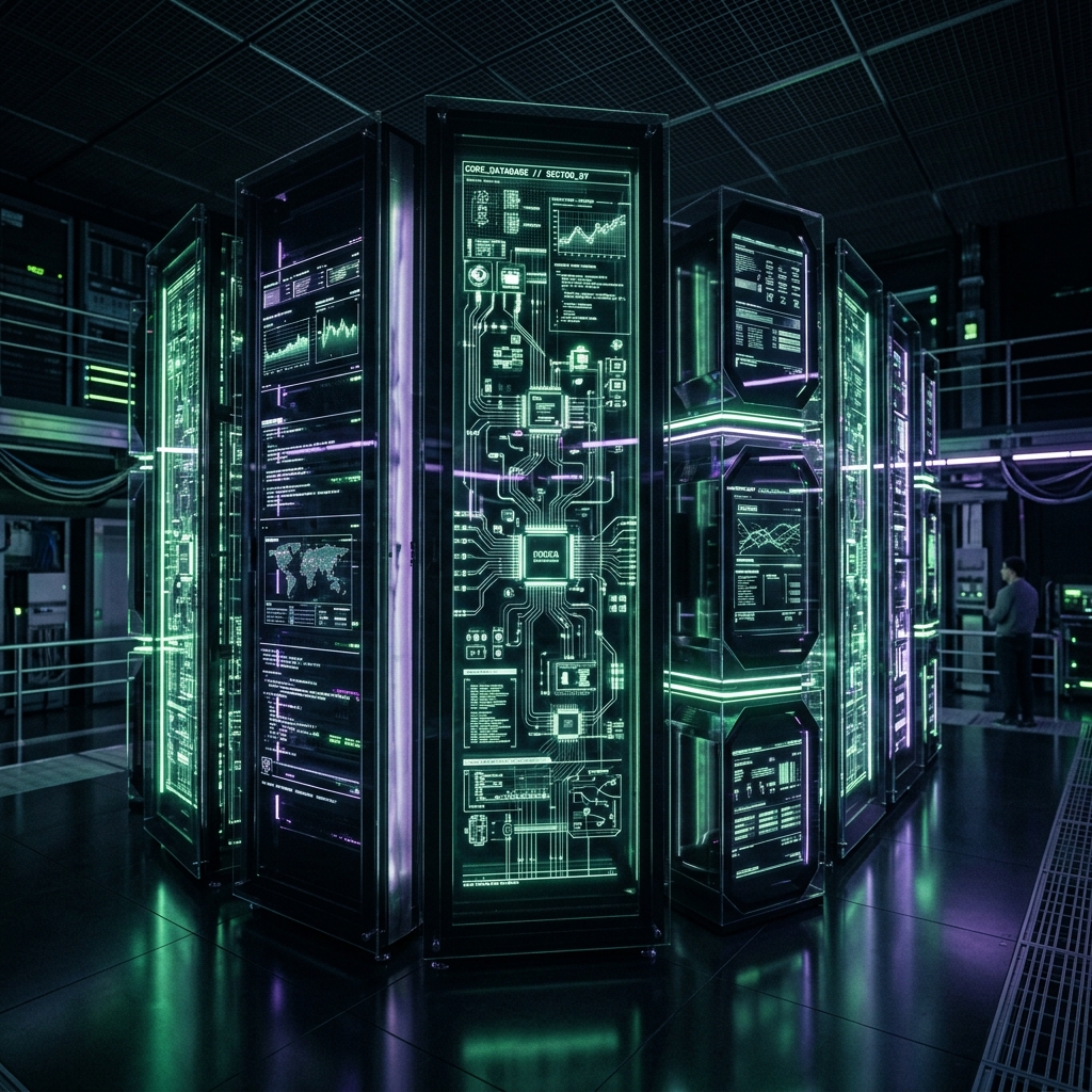 Futuristic network architecture diagram on dark glassmorphic panels representing open source