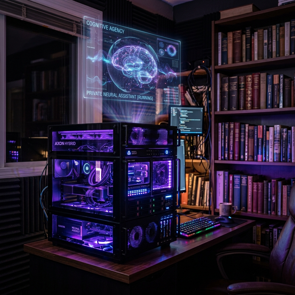 Sleek glowing desktop homelab server with a projecting holographic neural assistant