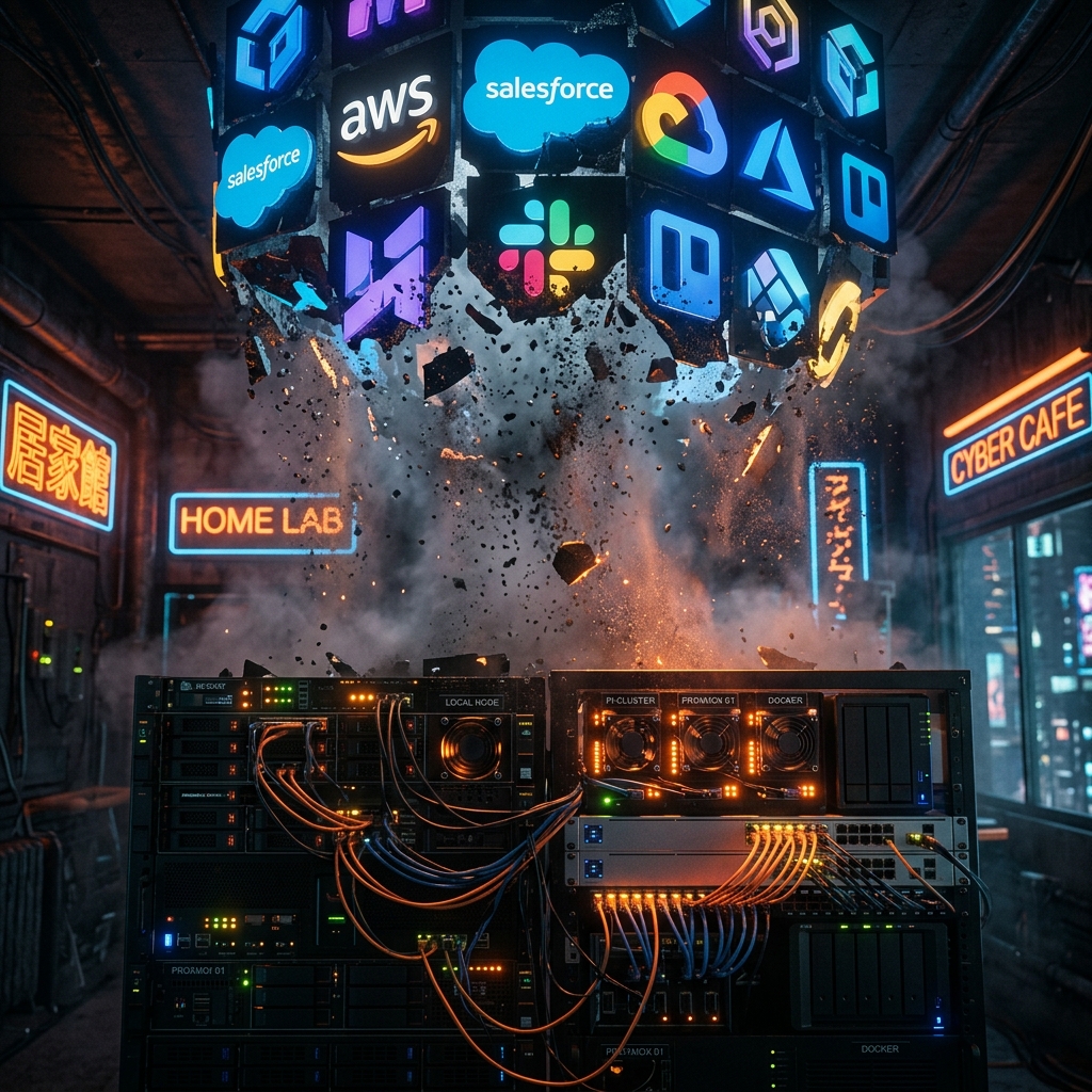 A conceptual drawing of corporate SaaS icons crumbling into dust, revealing local custom homelab nodes below