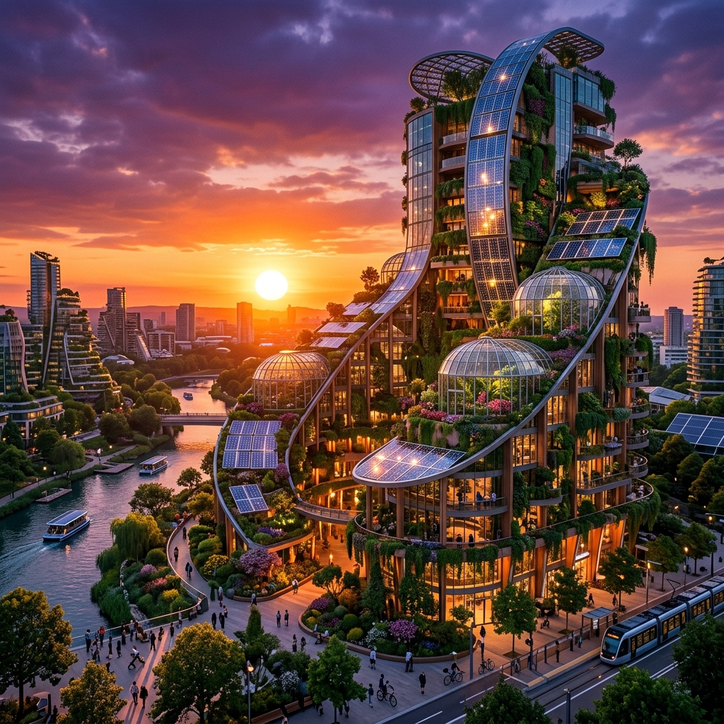 Solarpunk city building covered in vertical gardens with a glowing sun