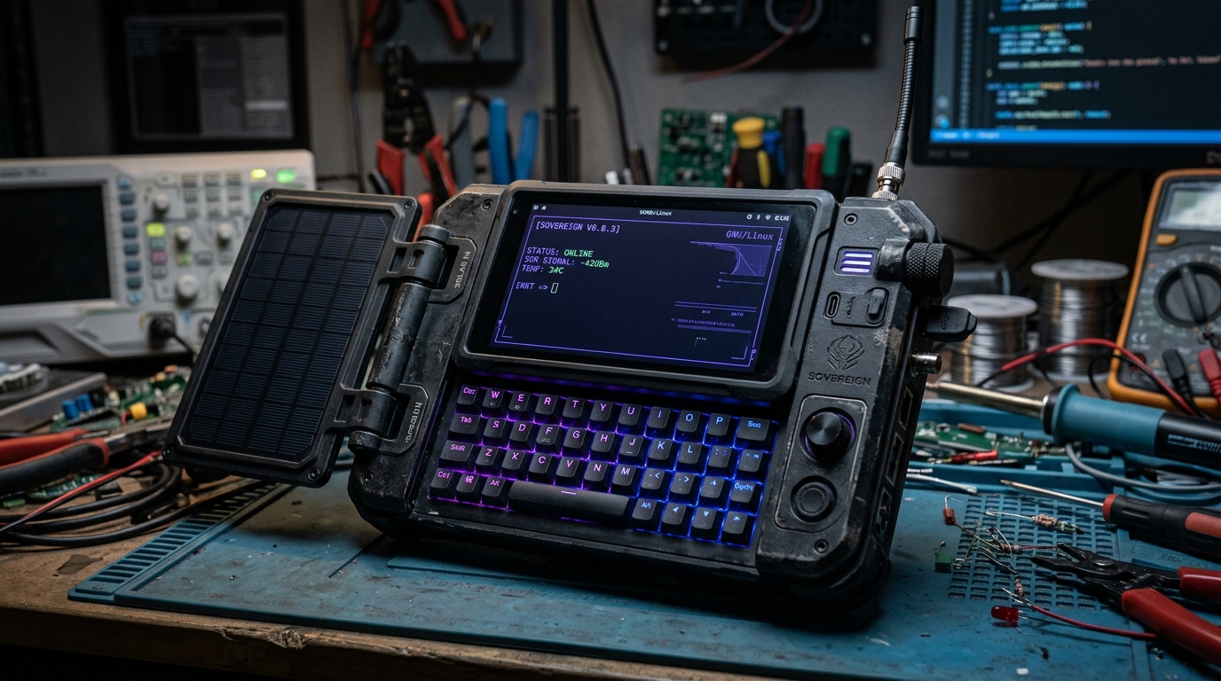 A close-up of a modular cyberdeck showing a sliding landscape keyboard and modular accessories on a hacker workbench