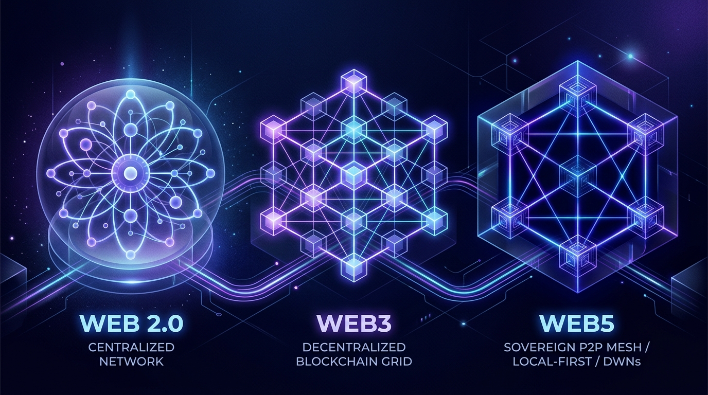 An abstract representation of the evolution of the web featuring glowing structures for Web 2.0, Web3, and Web5